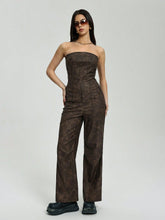 Women's Sexy Retro Elastic PU Leather Cropped Strapless Pleated Brown Jumpsuit (Random Cut)